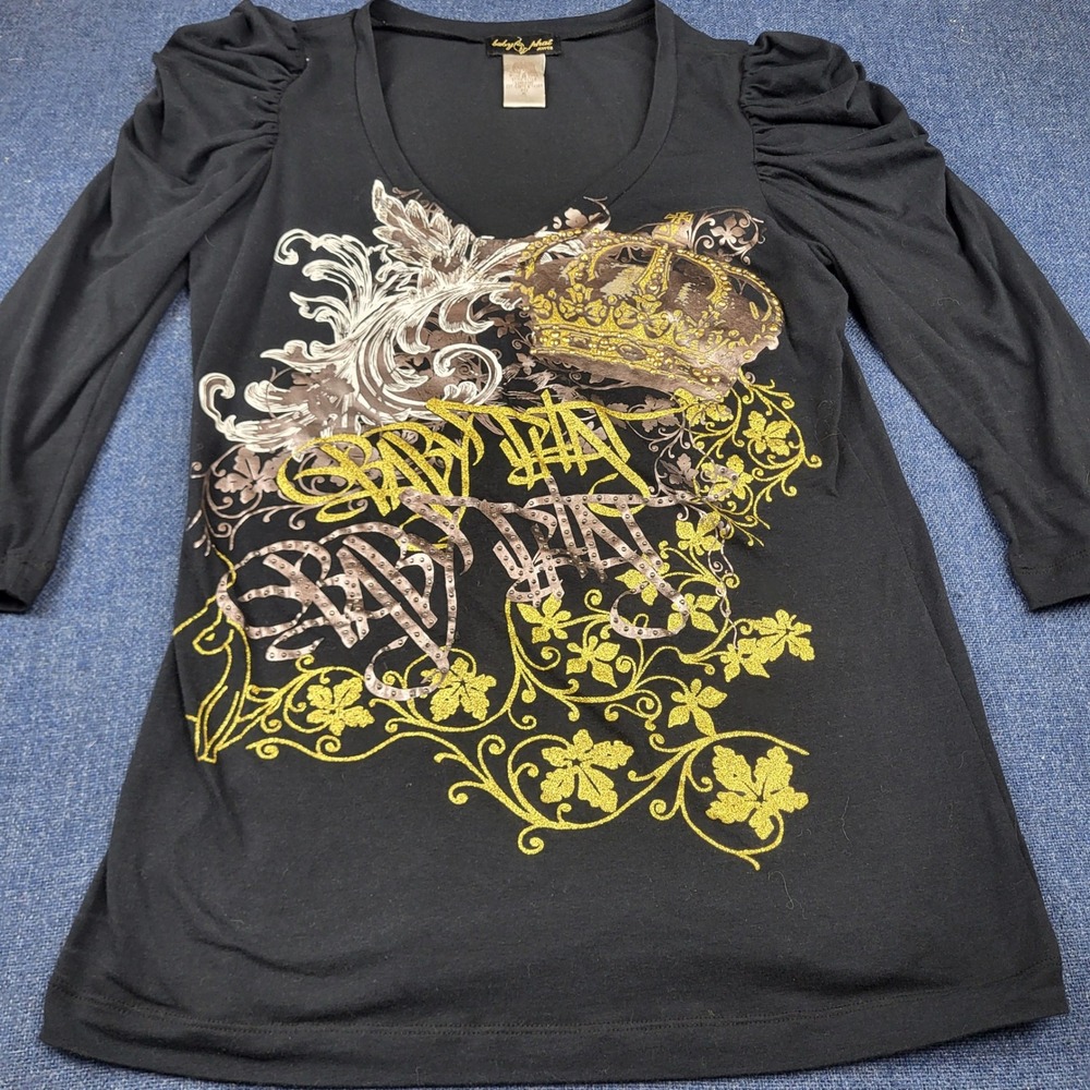 Baby Phat Jean Co Black Graphic Crown Rhinestone Puff Sleeve V-Neck Top XL Y2K